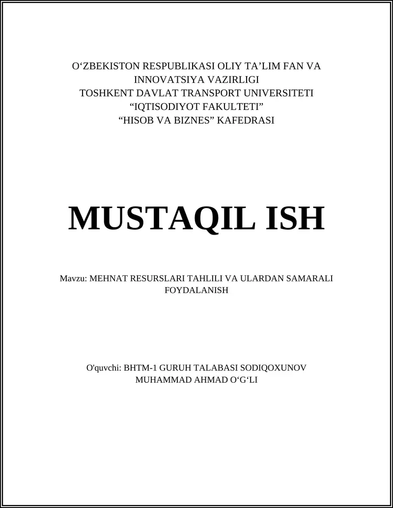 MEHNAT RESURSLARI TAHLILI VA ULARDAN SAMARALI FOYDALANISH