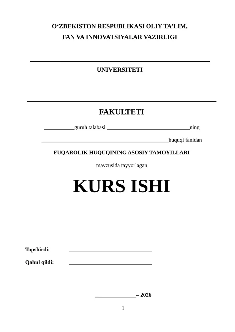 FUQAROLIK HUQUQINING ASOSIY TAMOYILLARI KURS ISHI