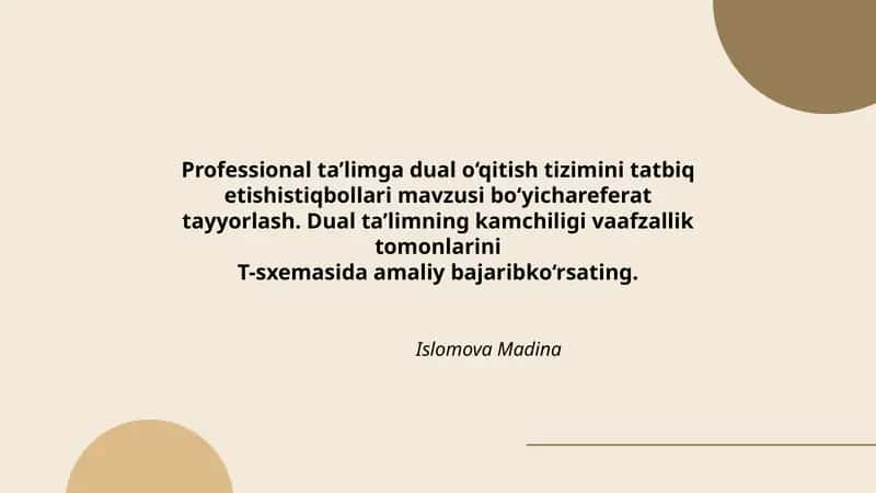 Professional ta’limga dual o‘qitish tizimini tatbiq etishistiqbollari mavzusi