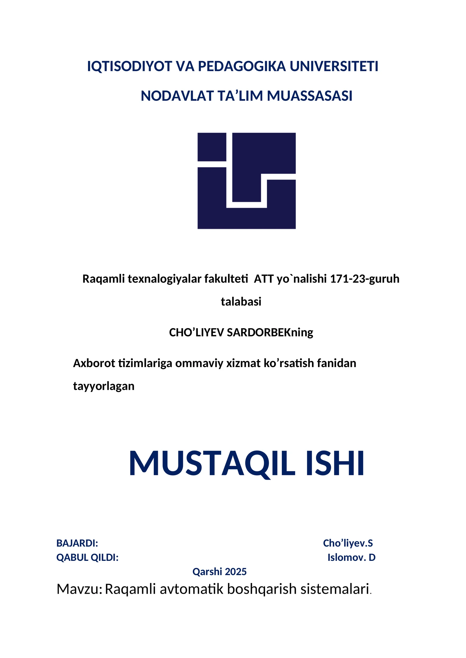 Raqamli avtomatik boshqarish sistemalari