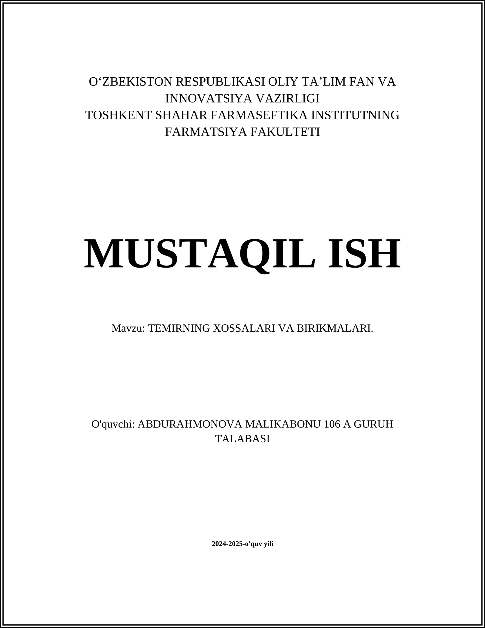 TEMIRNING XOSSALARI VA BIRIKMALARI