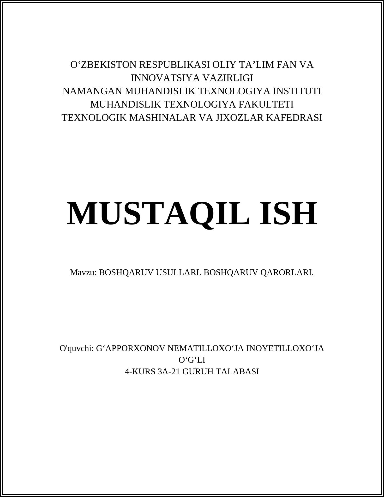 BOSHQARUV USULLARI. BOSHQARUV QARORLARI