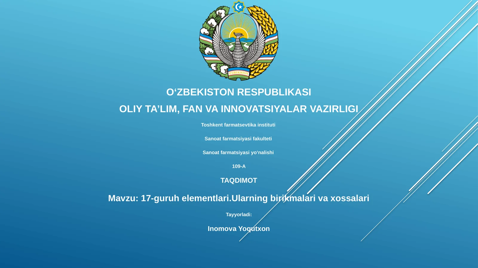 17-guruh elementlari.Ularning birikmalari va xossalari