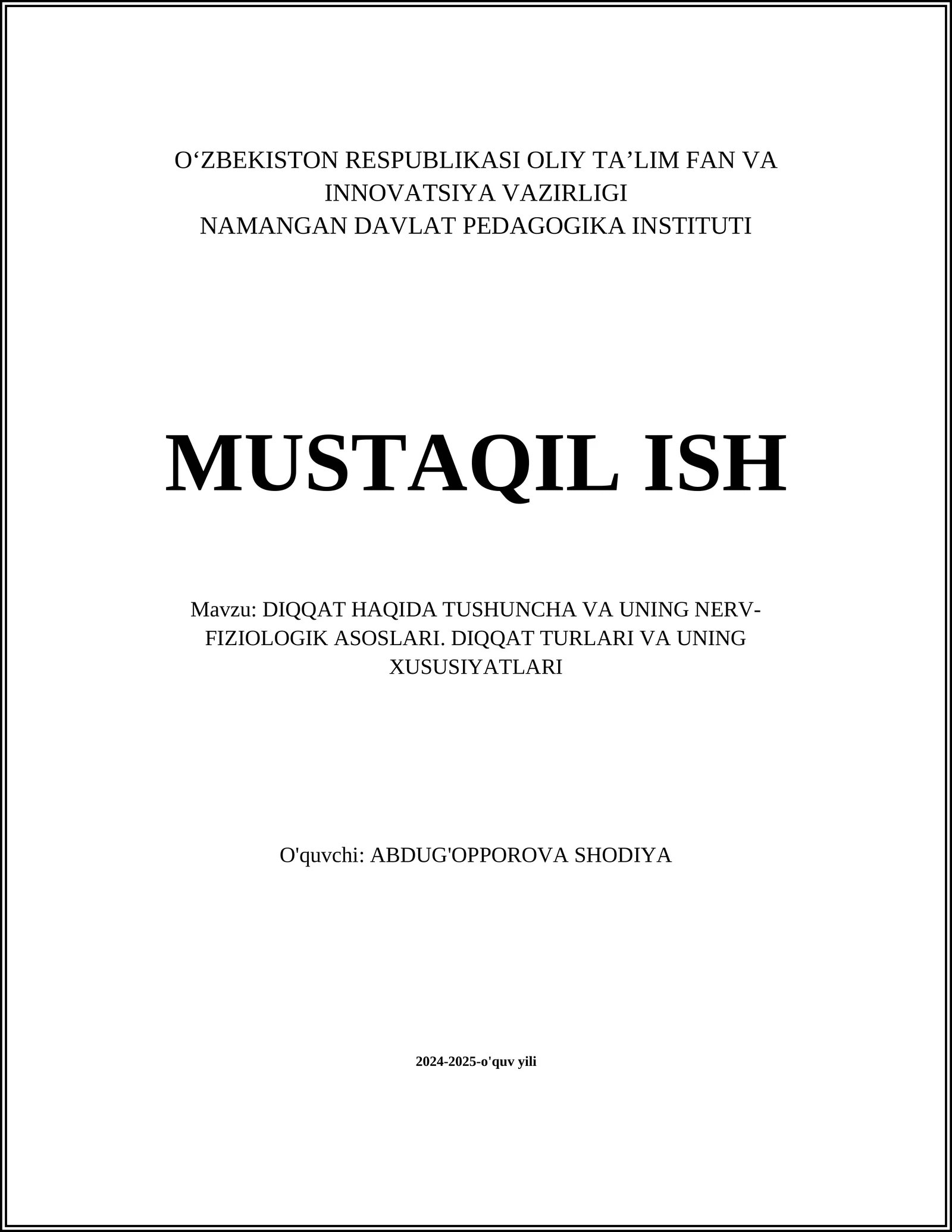 DIQQAT HAQIDA TUSHUNCHA VA UNING NERV-FIZIOLOGIK ASOSLARI