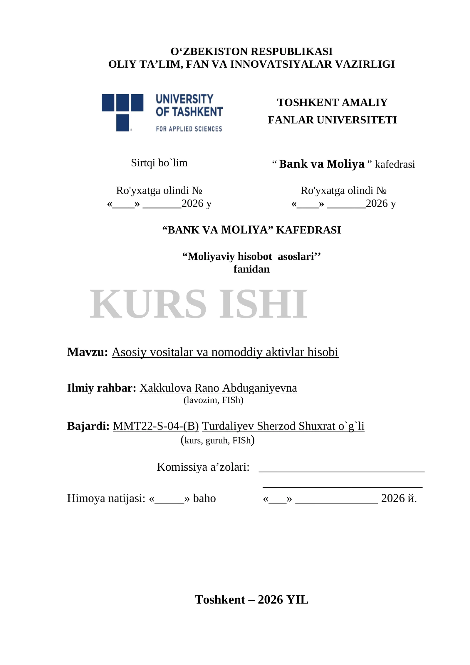 "Asosiy vositalar va nomoddiy aktivlar hisobi"