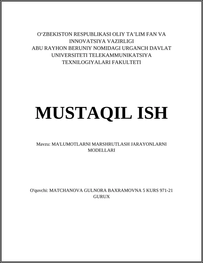 Marshrutlarni Modellash Jarayonlarni Modellari