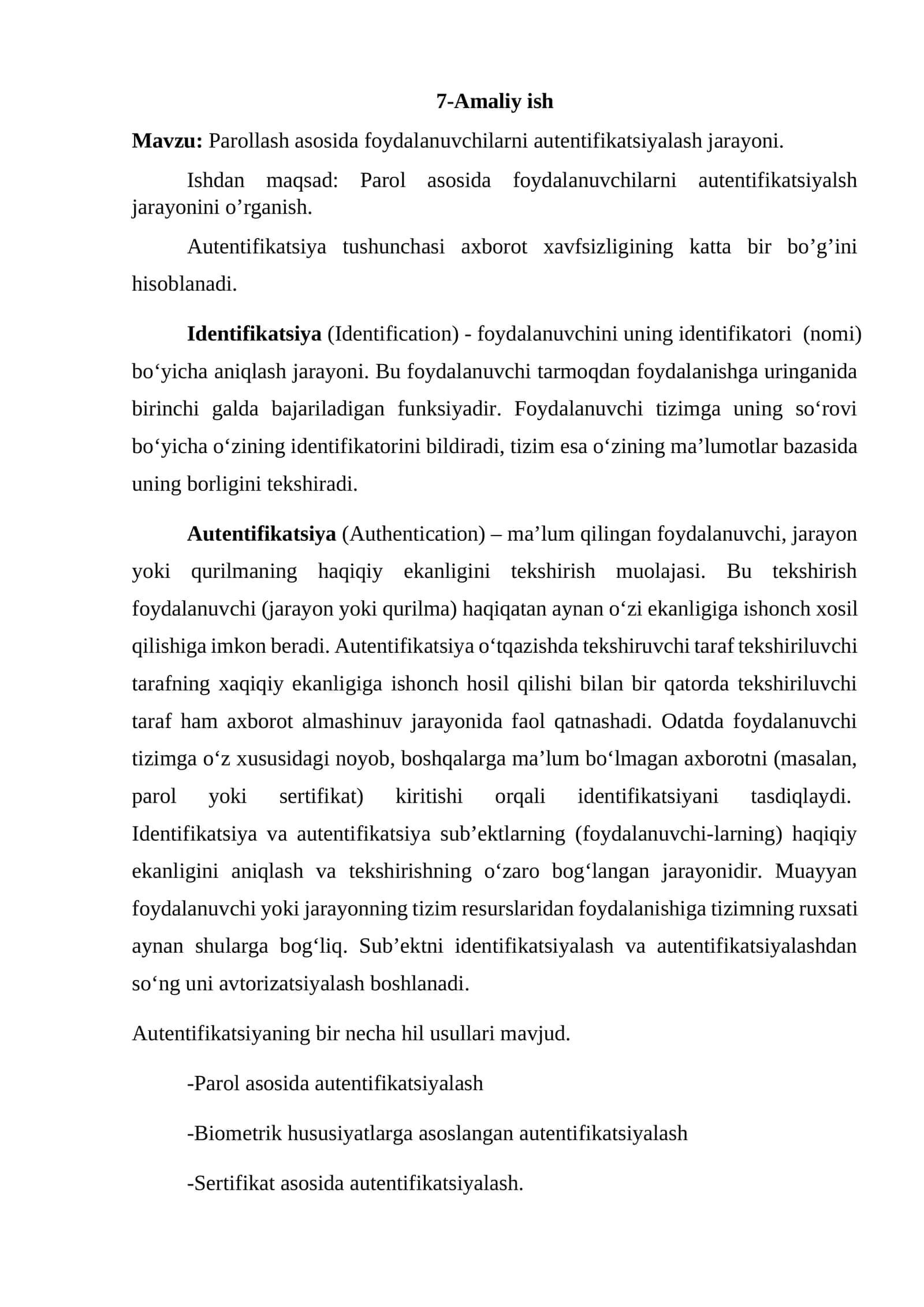 Parollash asosida foydalanuvchilarni autentifikatsiyalash