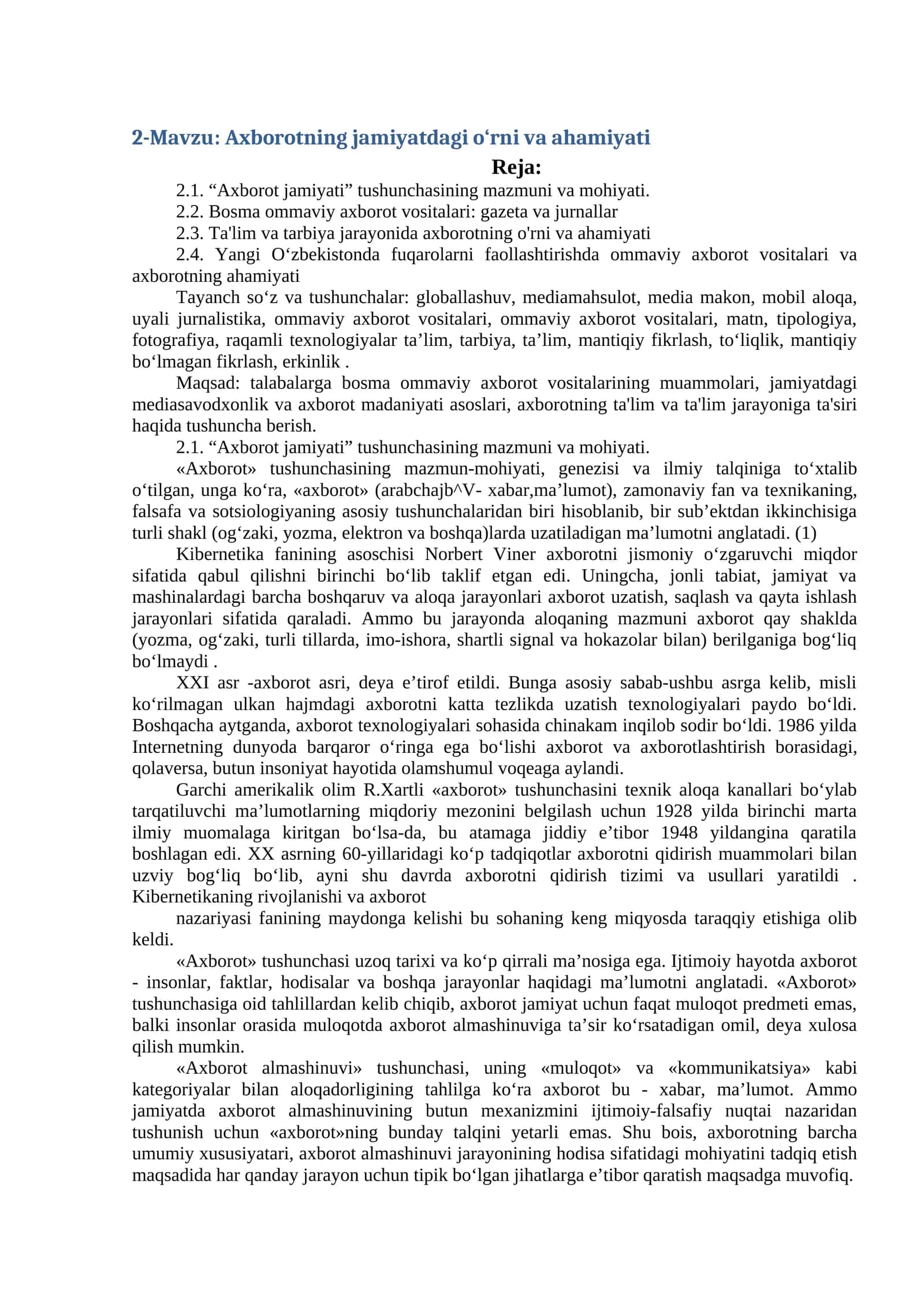 Axborotning jamiyatdagi o‘rni va ahamiyati