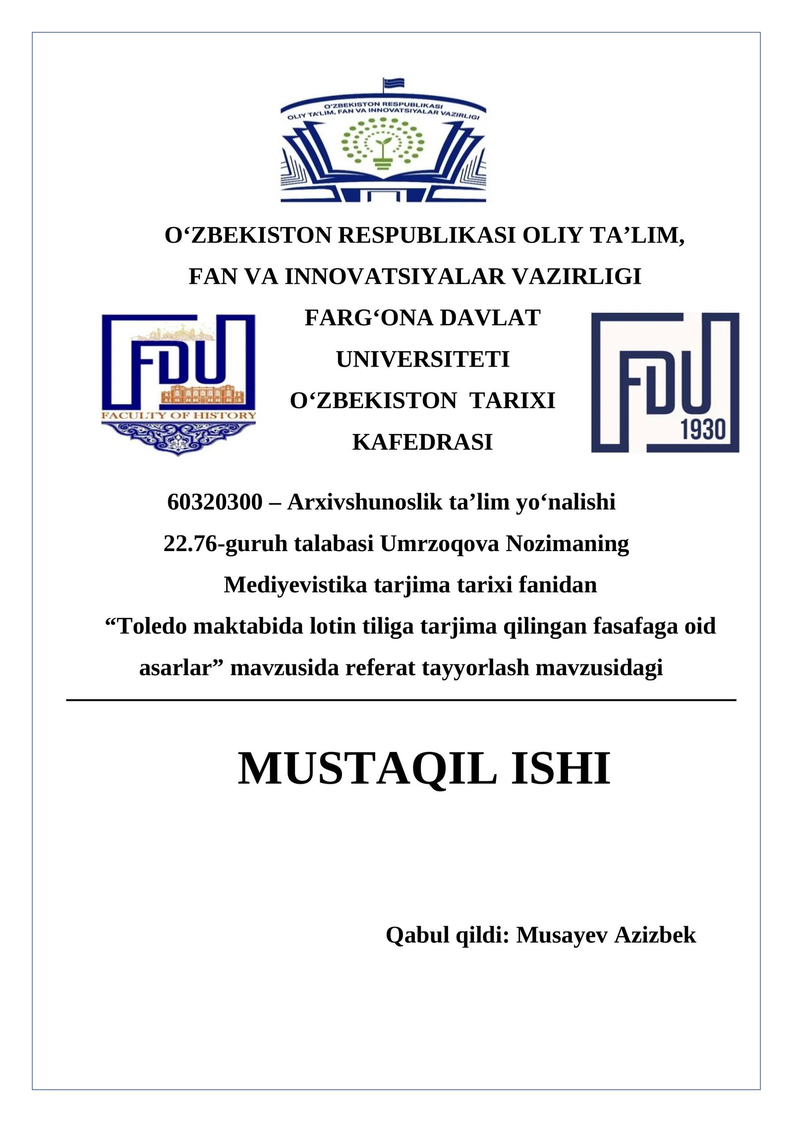 Toledo maktabida lotin tiliga tarjima qilingan fasafaga oid asarlar