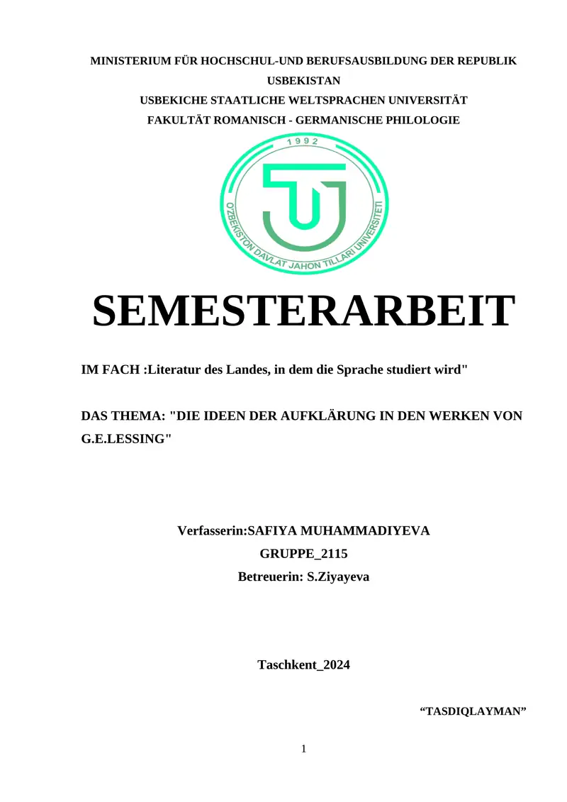 DIE IDEEN DER AUFKLÄRUNG IN DEN WERKEN VON G.E.LESSING