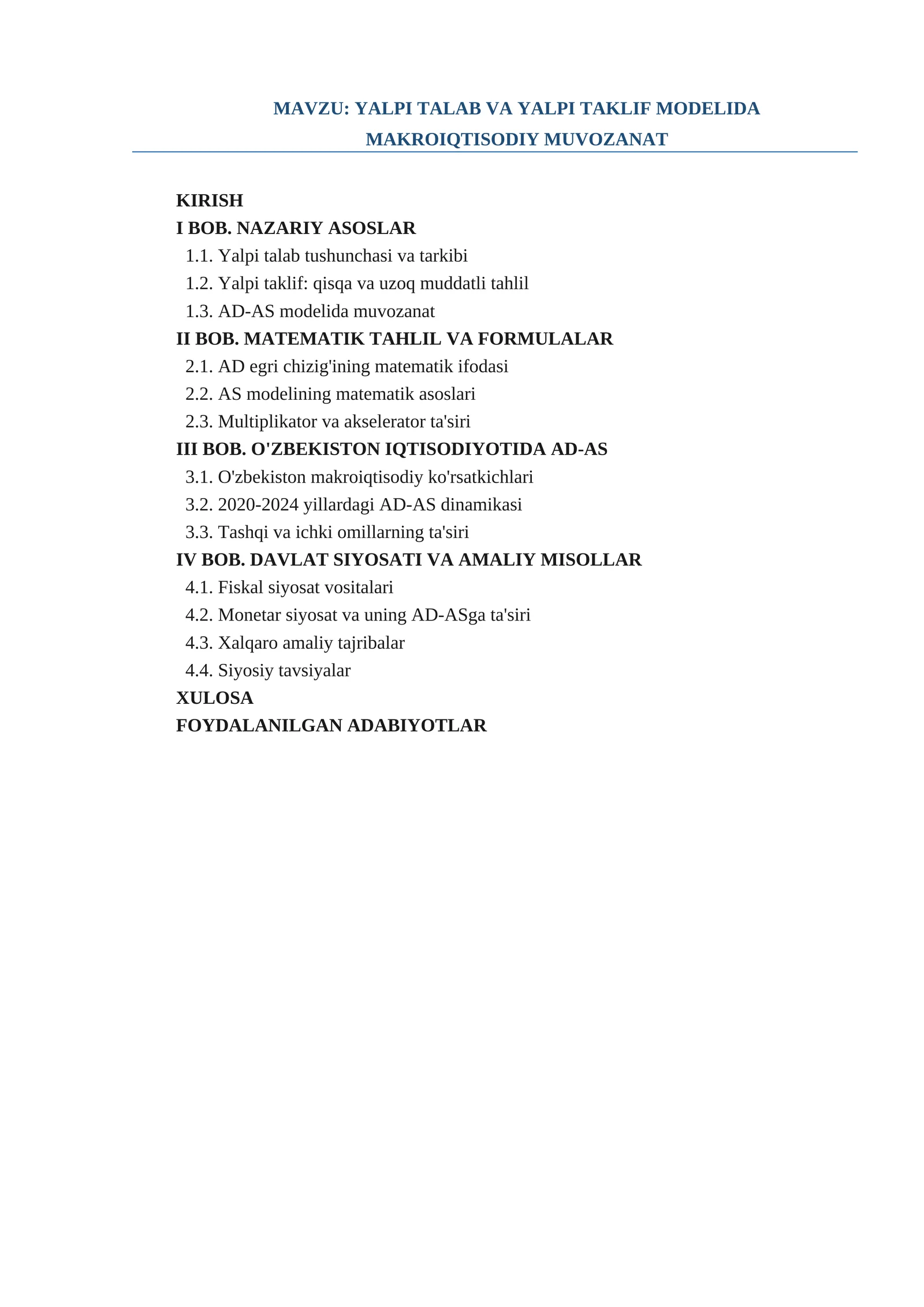 Yalpi talab yalpi taklif modelida makroiqtisodiy muvozanat
