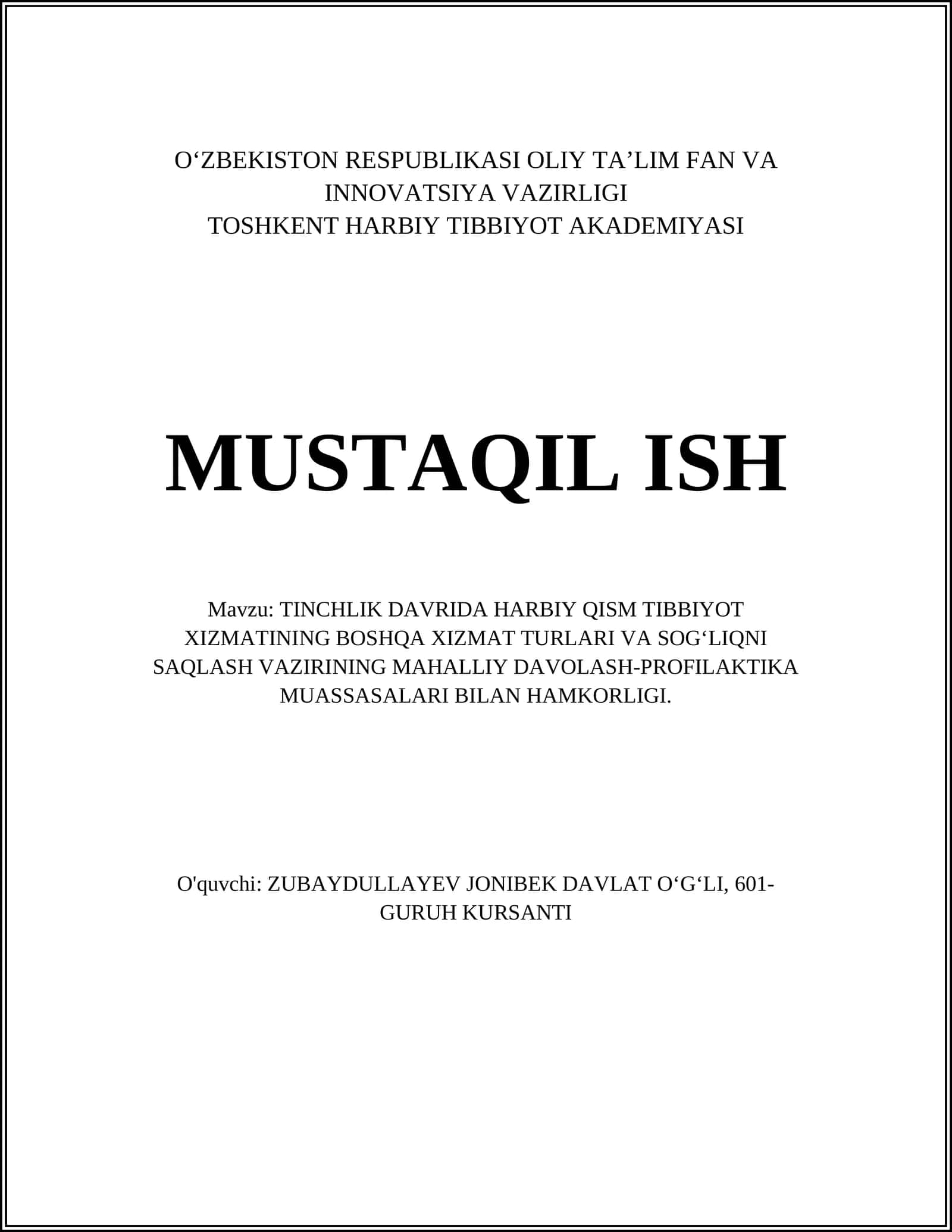 TINCHLIK DAVRIDA HARBIY QISM TIBBIYOT XIZMATINING BOSHQA XIZMAT TURLARI VA SOGʻLIQNI SAQLASH VAZIRINING MAHALLIY DAVOLASH-PROFILAKTIKA MUASSASALARI BILAN HAMKORLIGI