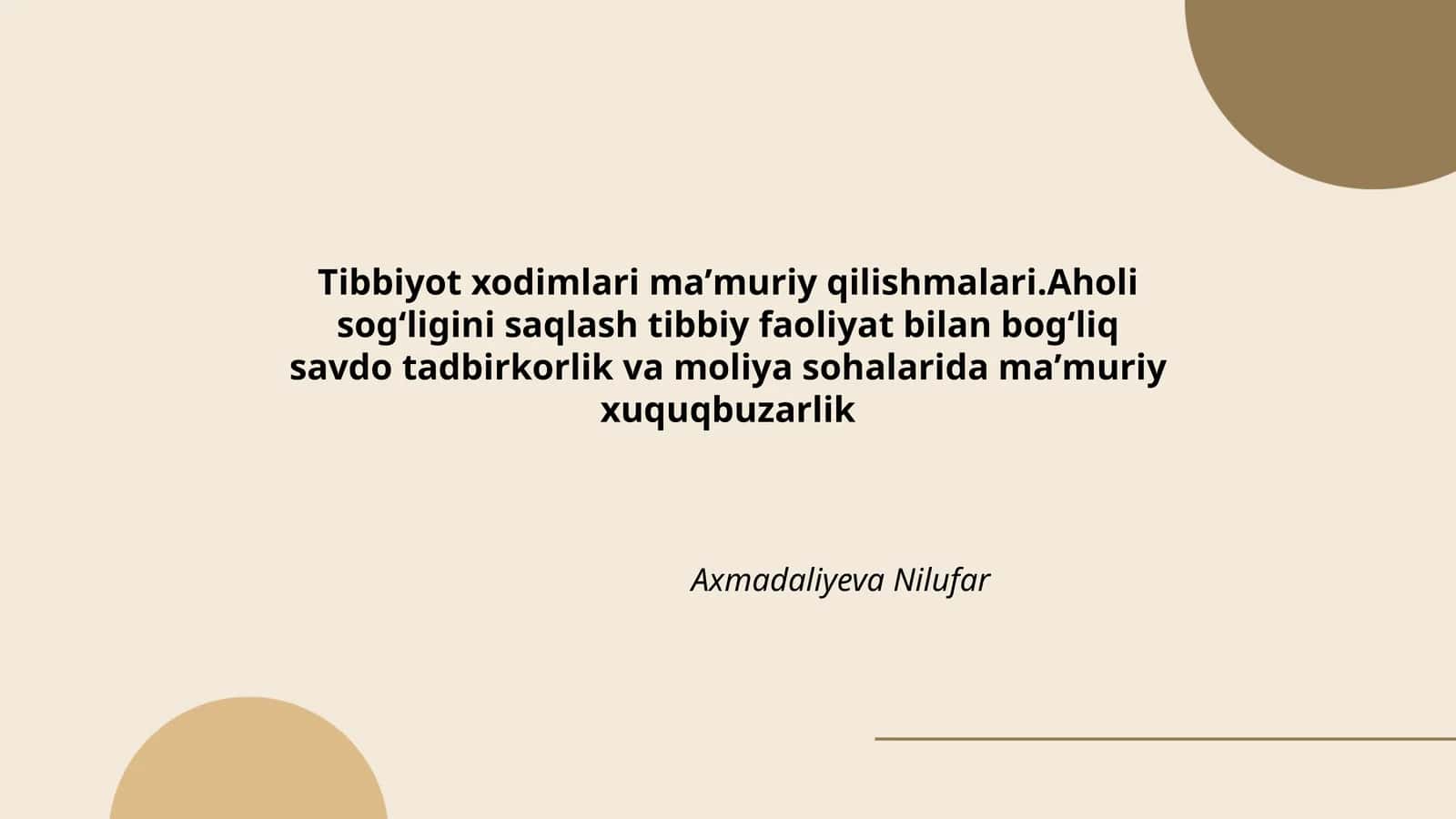 Tibbiyot xodimlari maʼmuriy qilishmalari.Aholi sogʻligini saqlash tibbiy faoliyat bilan bogʻliq savdo tadbirkorlik va moliya sohalarida maʼmuriy xuquqbuzarlik