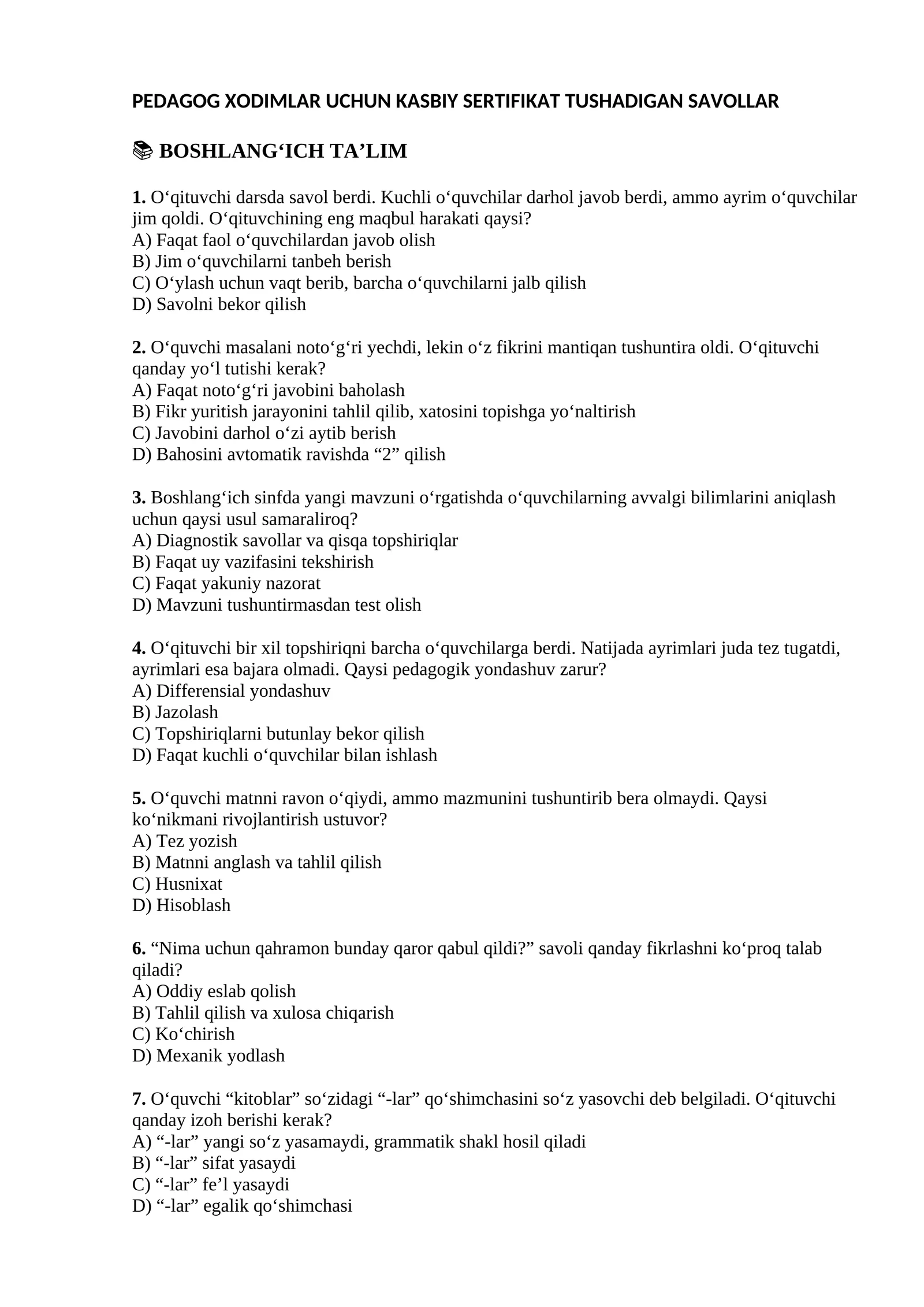 PEDAGOG XODIMLAR UCHUN KASBIY SERTIFIKAT TUSHADIGAN SAVOLLAR Boshlangich talim yonalishi uchun