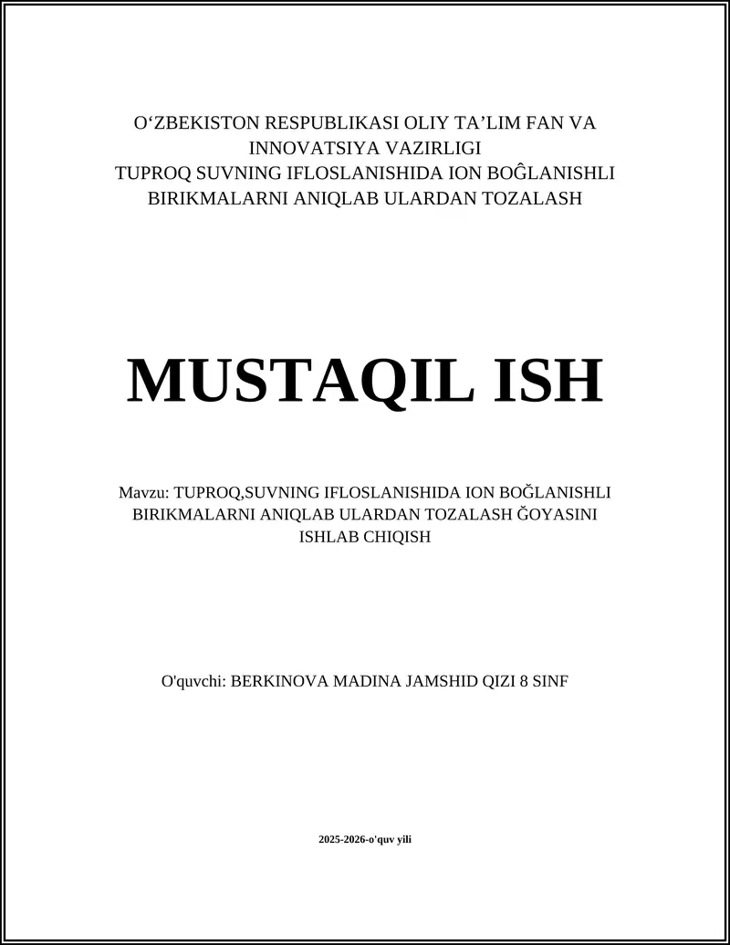 Tuproq va suv namunalari uchun ion bog'lanishli birikmalarni olish va tayyorlash metodikasi