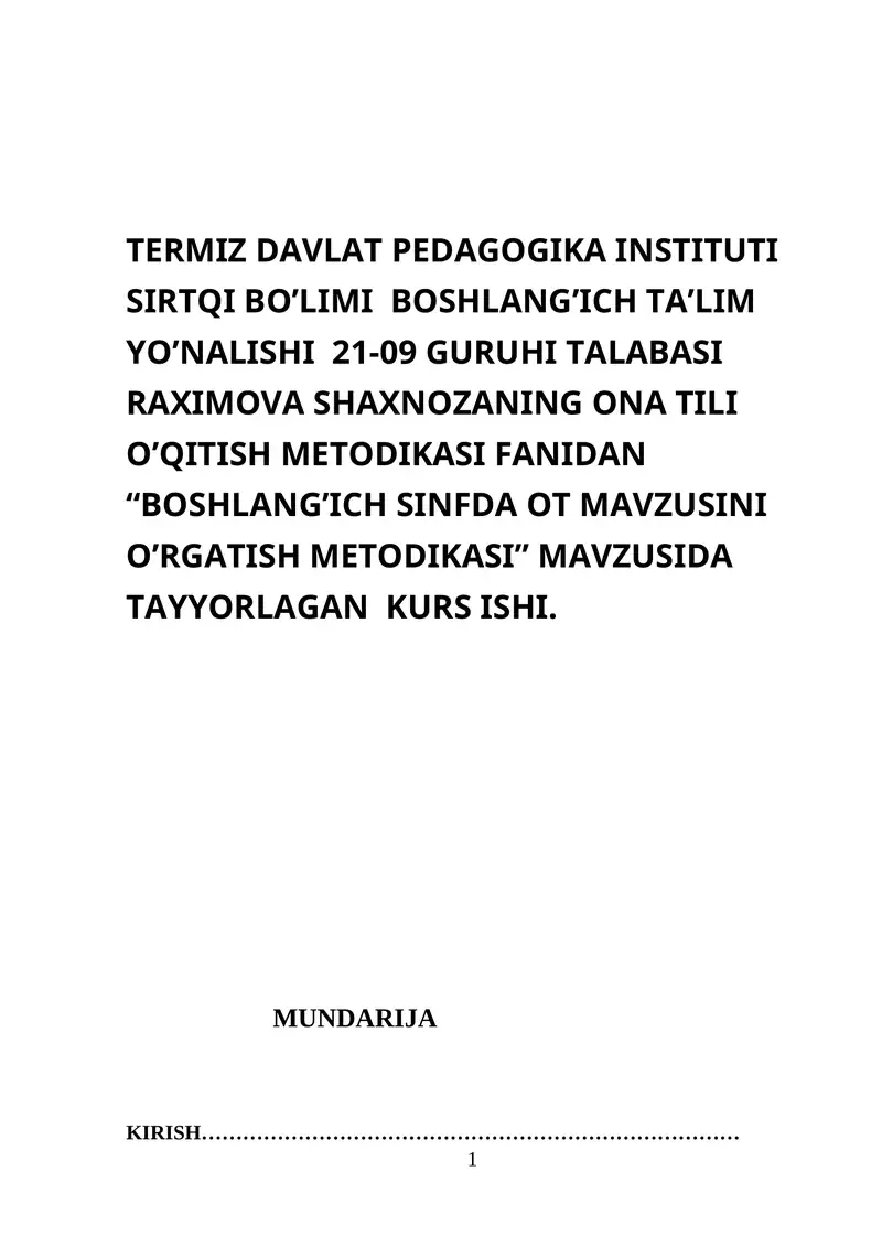 Boshlang’ich sinfda ot mavzusini o’rgatish metodikasi