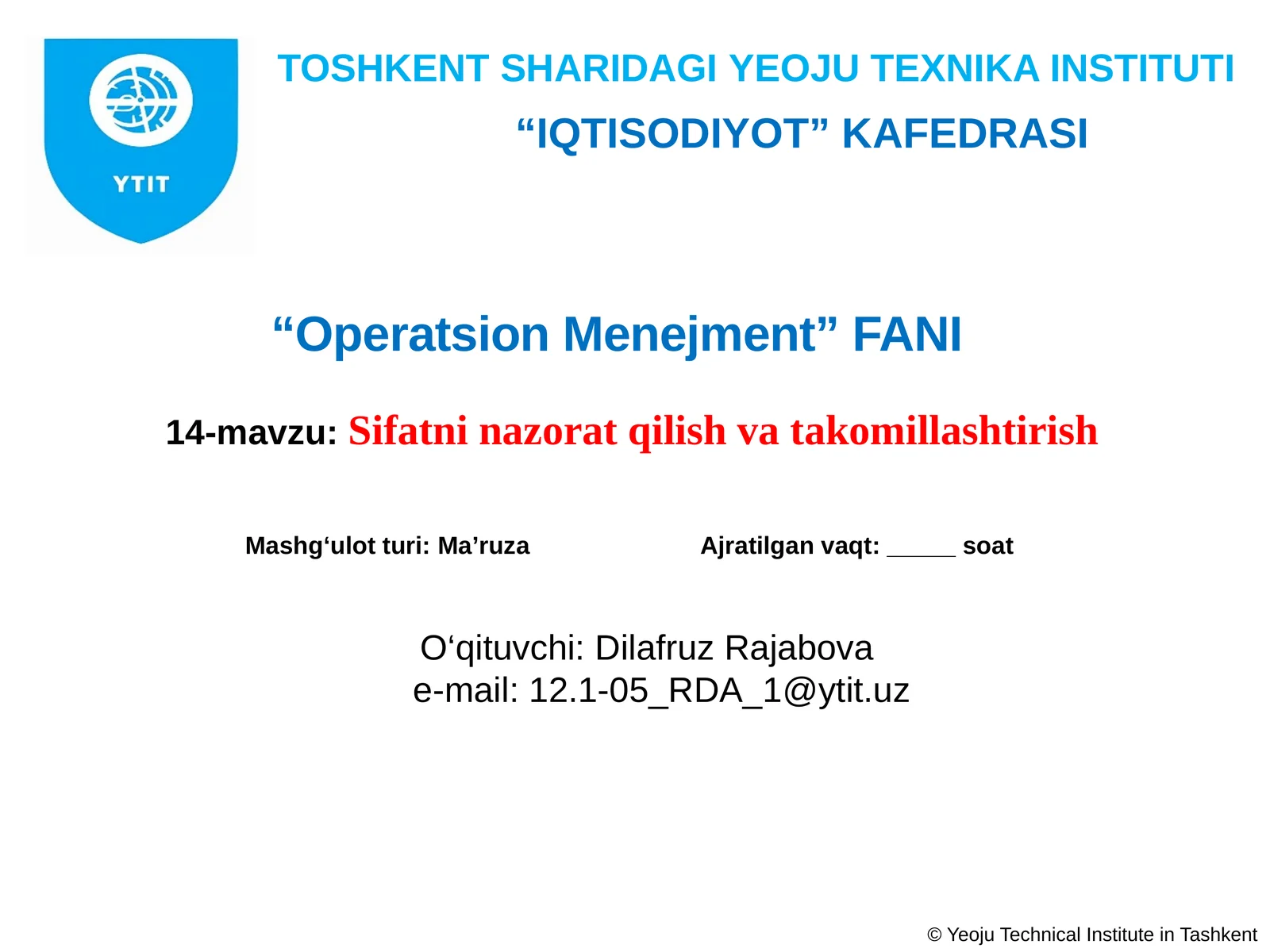 Operatsion Menejment Faniga oid mashg'ulot turi