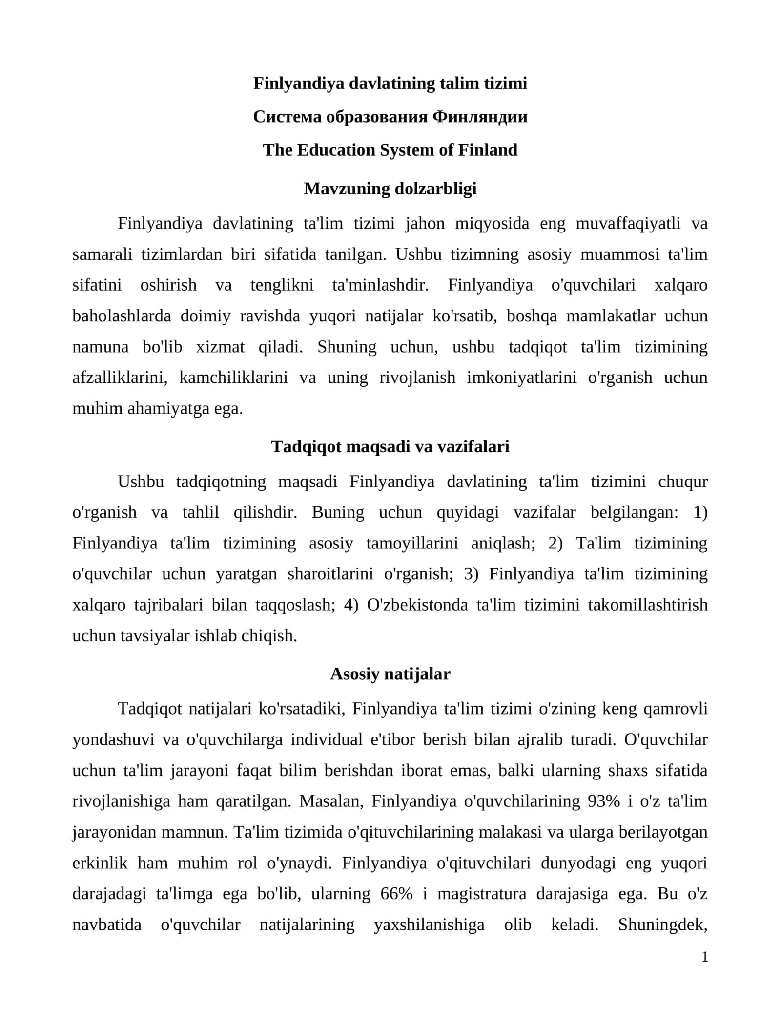 Finlyandiya davlatining talim tizimi