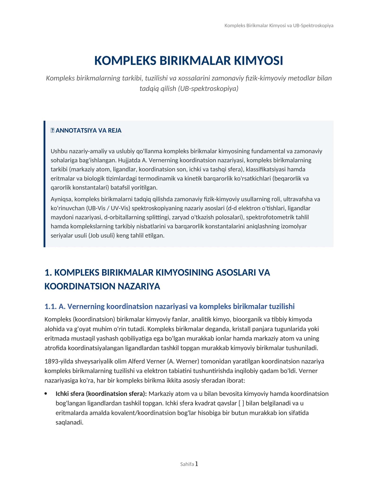 Kompleks Birikmalar Kimyosi va UB-Spektroskopiya