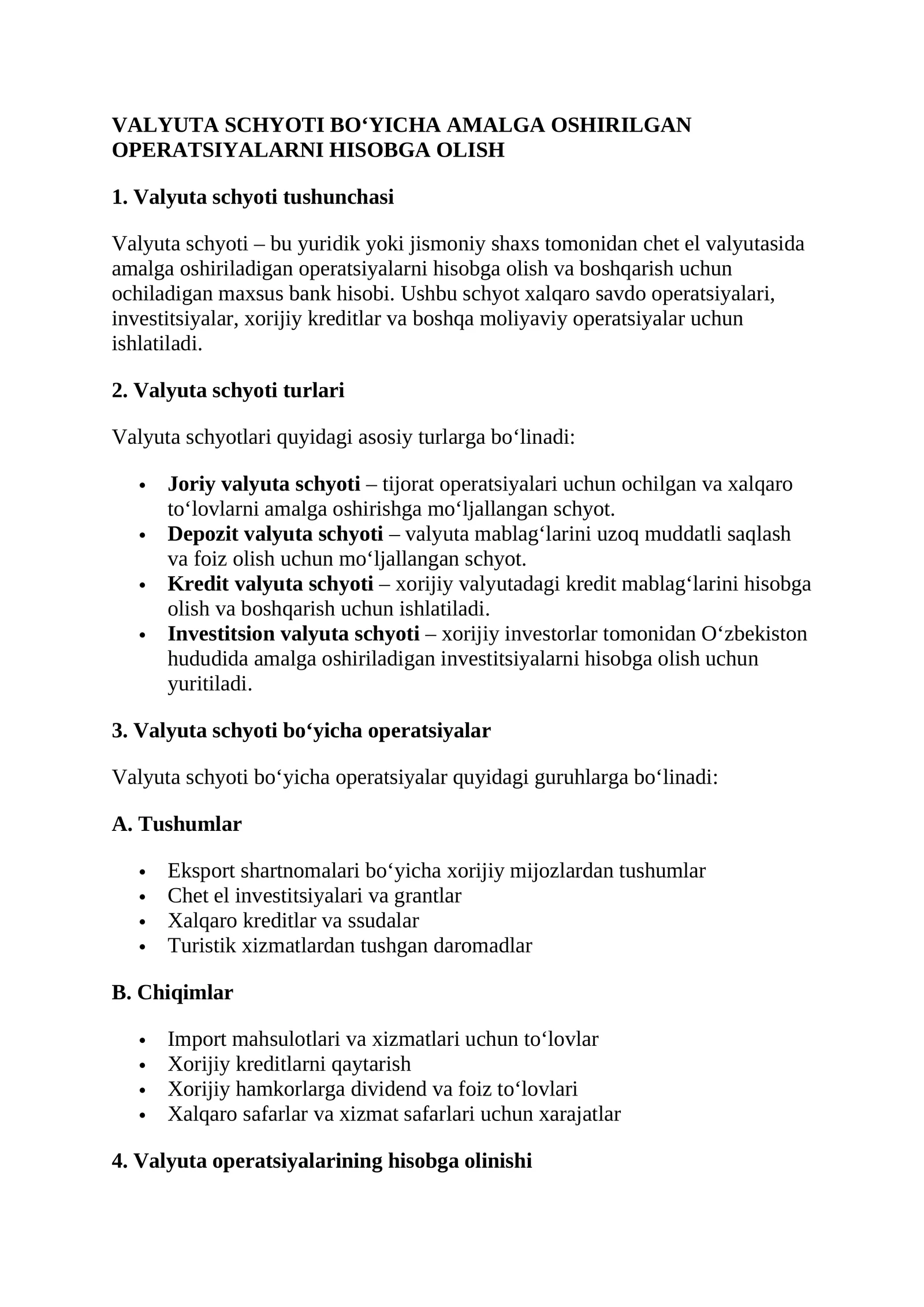Valyuta schyoti bo‘yicha amalga oshirilgan operatsiyalarni hisobga olish