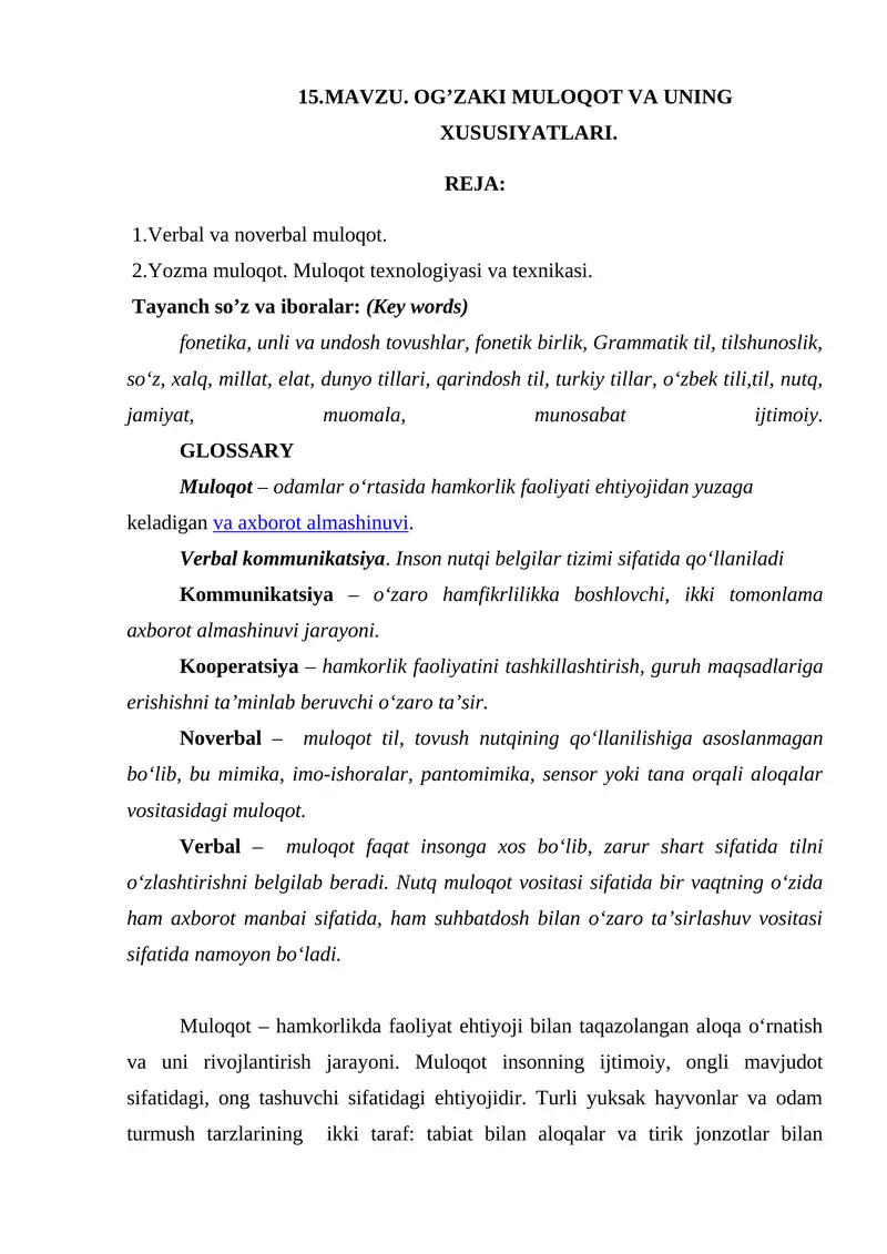 OG’ZAKI MULOQOT VA UNING XUSUSIYATLARI