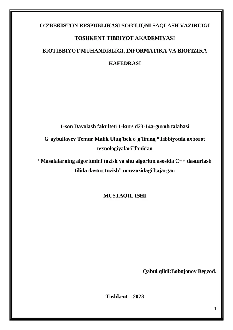 "Masalalarning algoritmini tuzish va shu algoritm asosida C++ dasturlash tilida dastur tuzish"