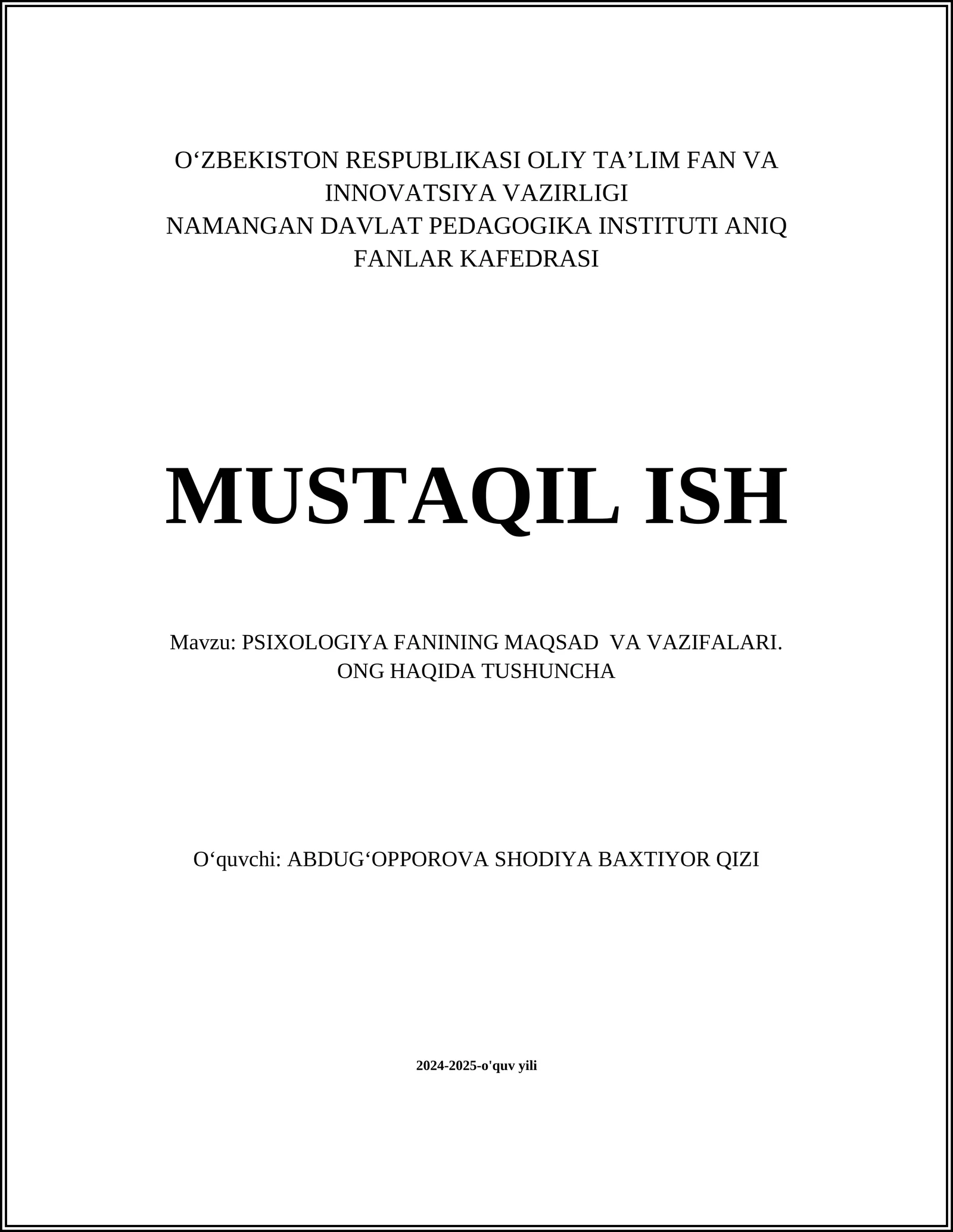PSIXOLOGIYA FANINING MAQSAD VA VAZIFALARI
