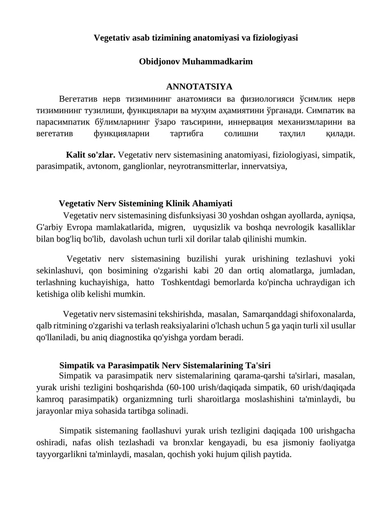 Vegetativ asab tizimining anatomiyasi va fiziologiyasi