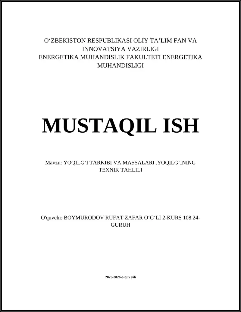 Energetika muhandisligi mustaqil ish