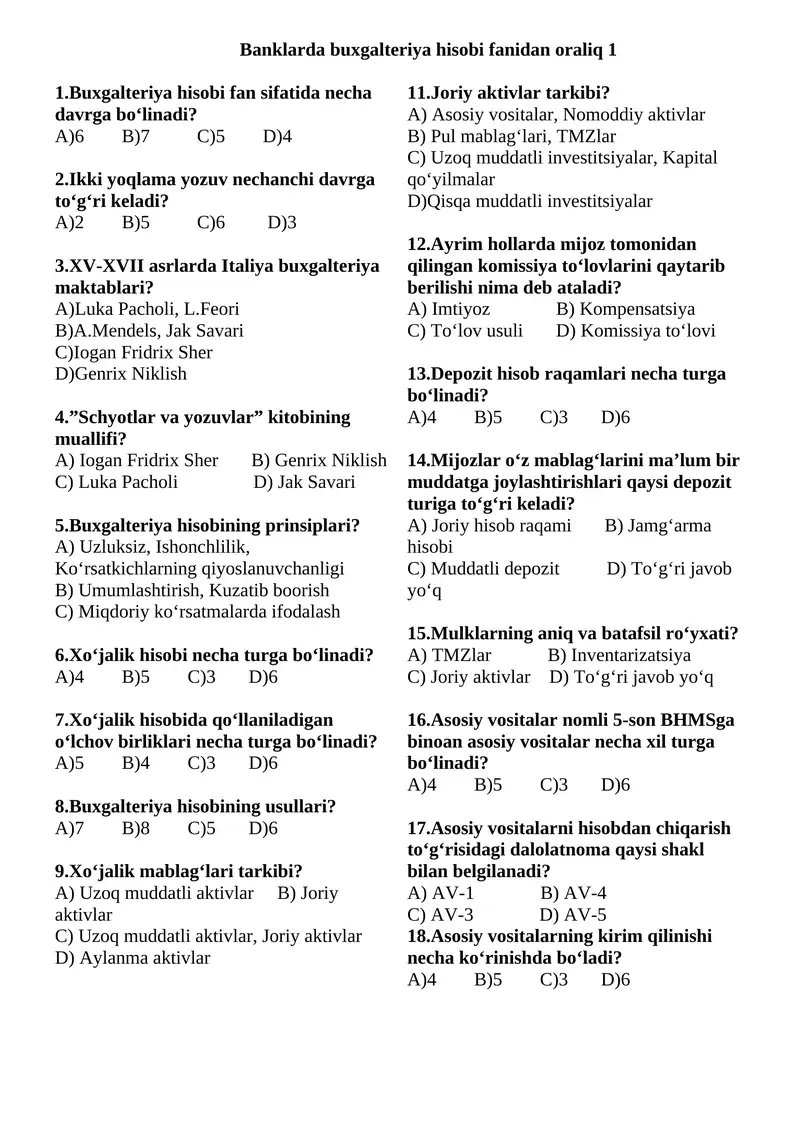 Banklarda buxgalteriya hisobi fanidan oraliq nazorat 1