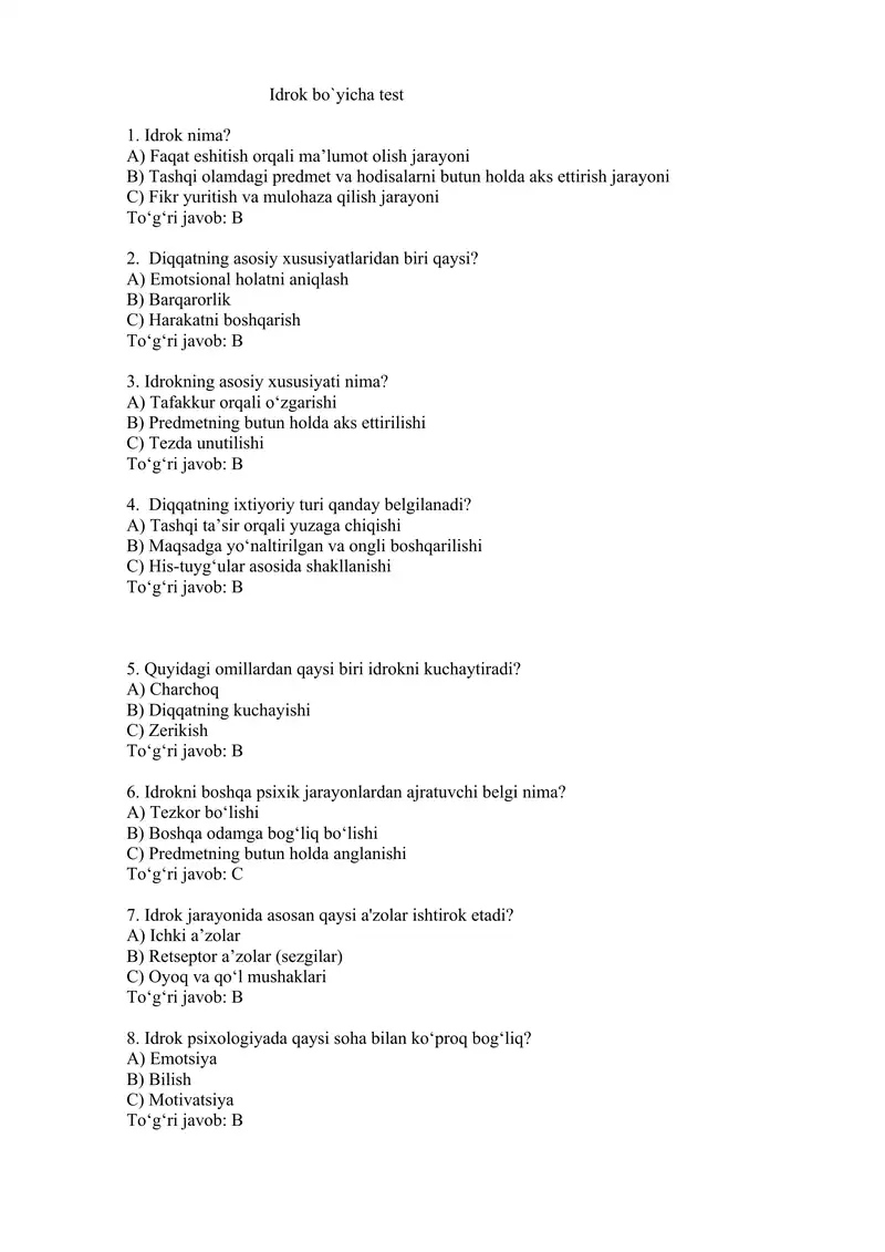 Idrok bo`yicha test