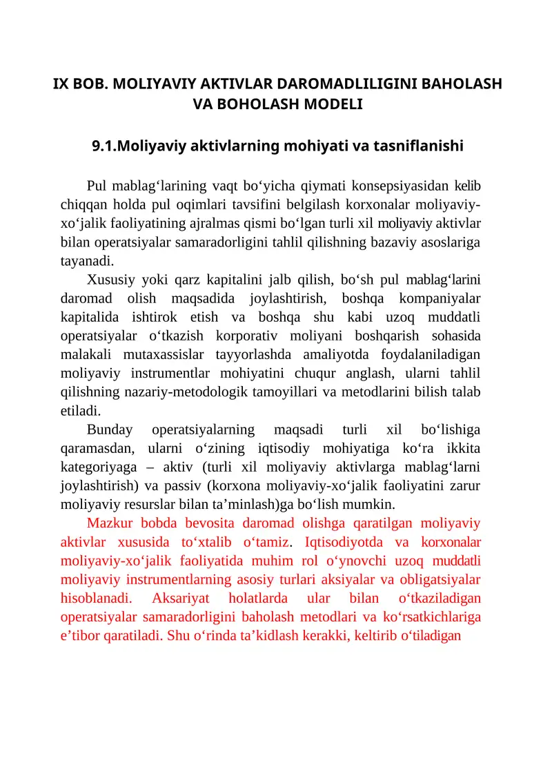 MOLIYAVIY AKTIVLAR DAROMADLILIGINI BAHOLASH VA BOHOLASH MODELI
