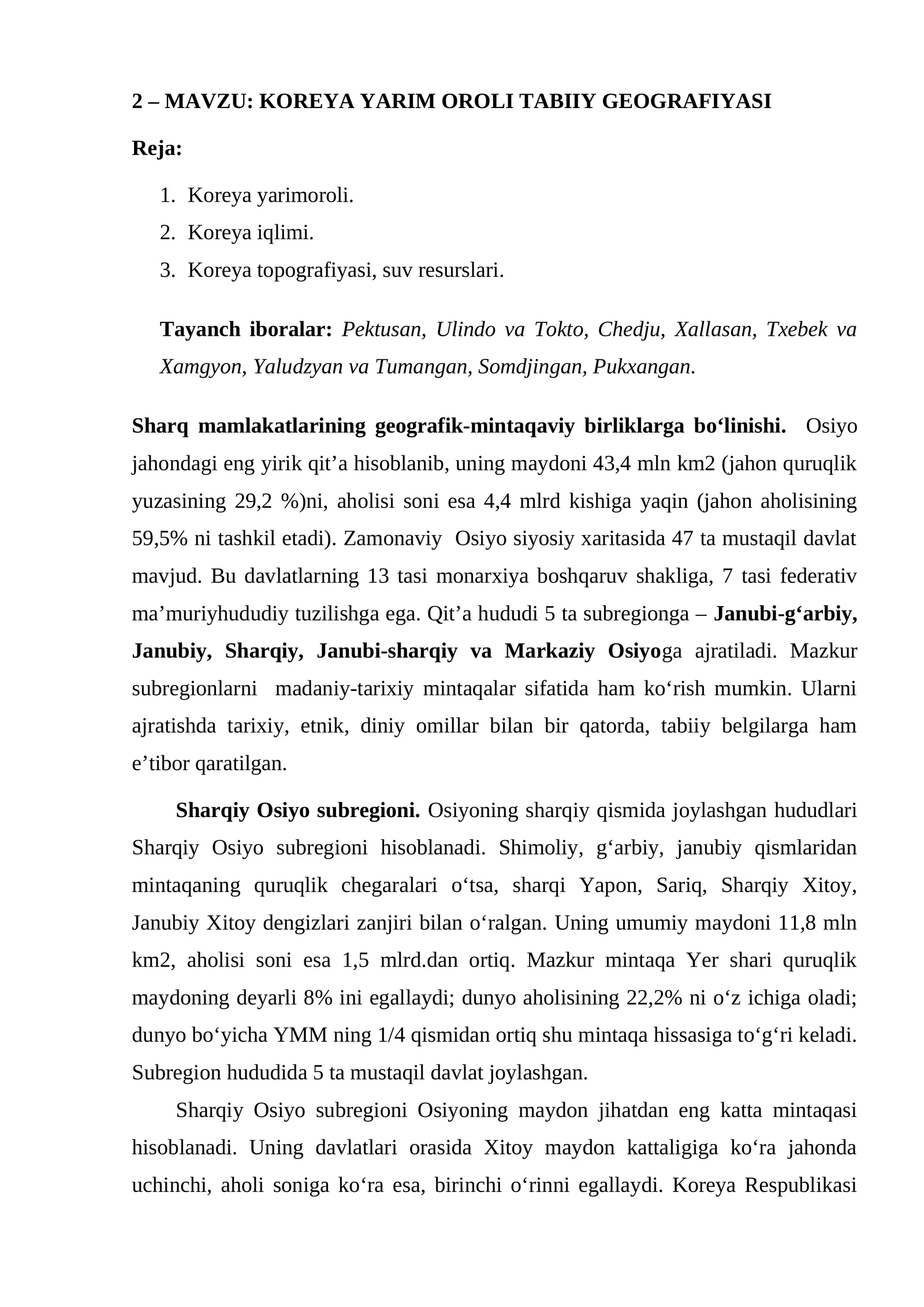 KOREYA YARIM OROLI TABIIY GEOGRAFIYASI