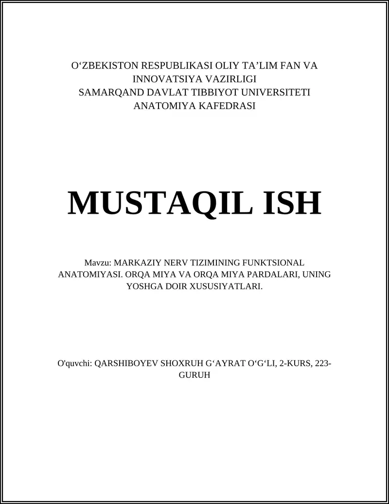 MARKAZIY NERV TIZIMINING FUNKTSIONAL ANATOMIYASI