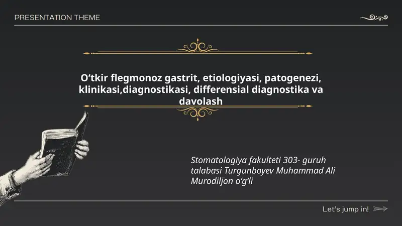 Oʻtkir flegmonoz gastrit, etiologiyasi, patogenezi, klinikasi,diagnostikasi, differensial diagnostika va davolash