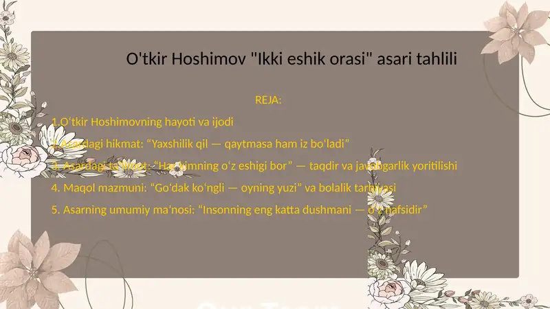 O‘tkir Hoshimovning "Ikki eshik orasi" asari tahlili