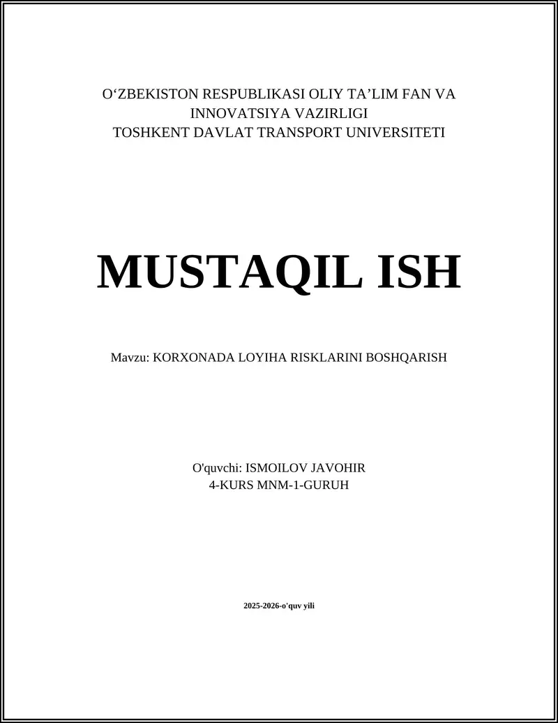 KORXONADA LOYIHA RISKLARINI BOSHQARISH