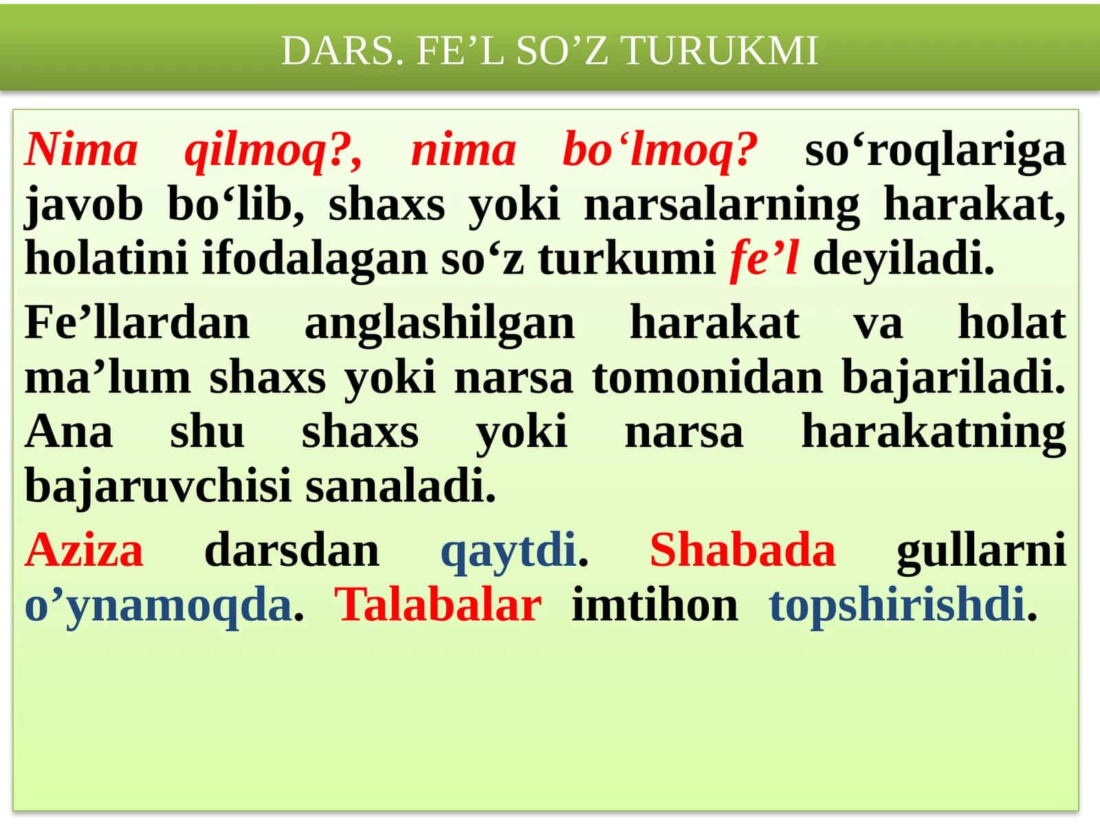 DARS. FE’L SO’Z TURUKMI