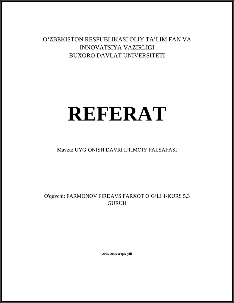 UYGʻONISH DAVRI IJTIMOIY FALSAFASI