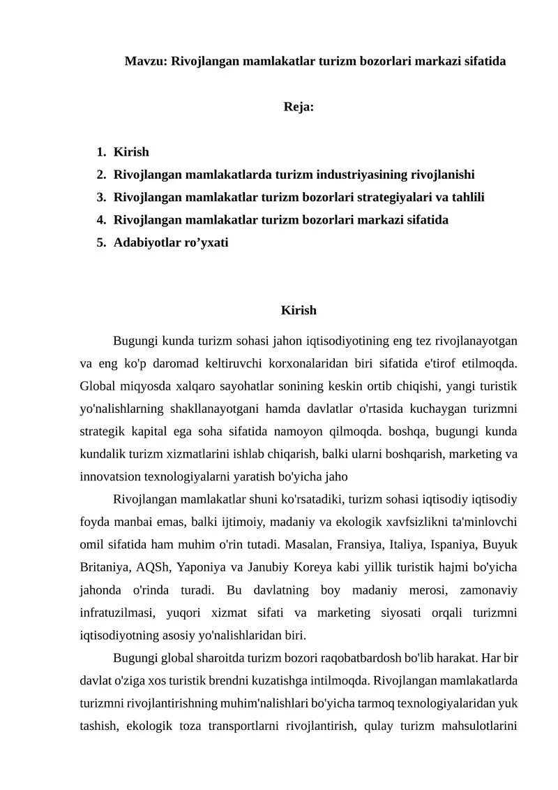 Rivojlangan mamlakatlar turizm bozorlari markazi sifatida