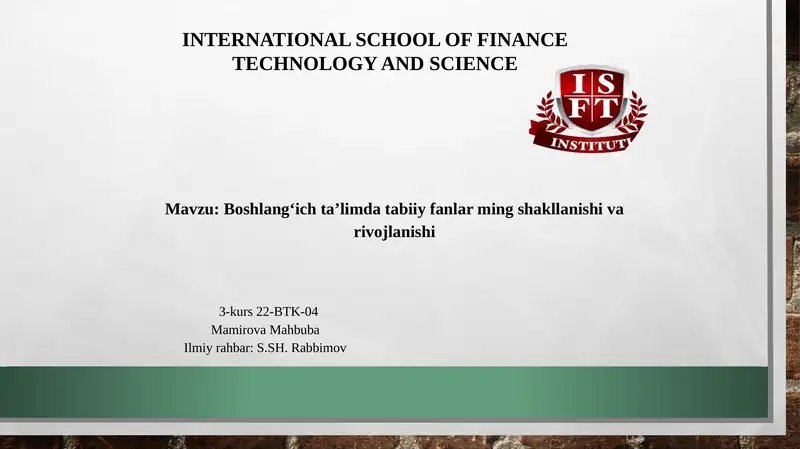 Boshlangʻich taʼlimda tabiiy fanlar ming shakllanishi va rivojlanishi
