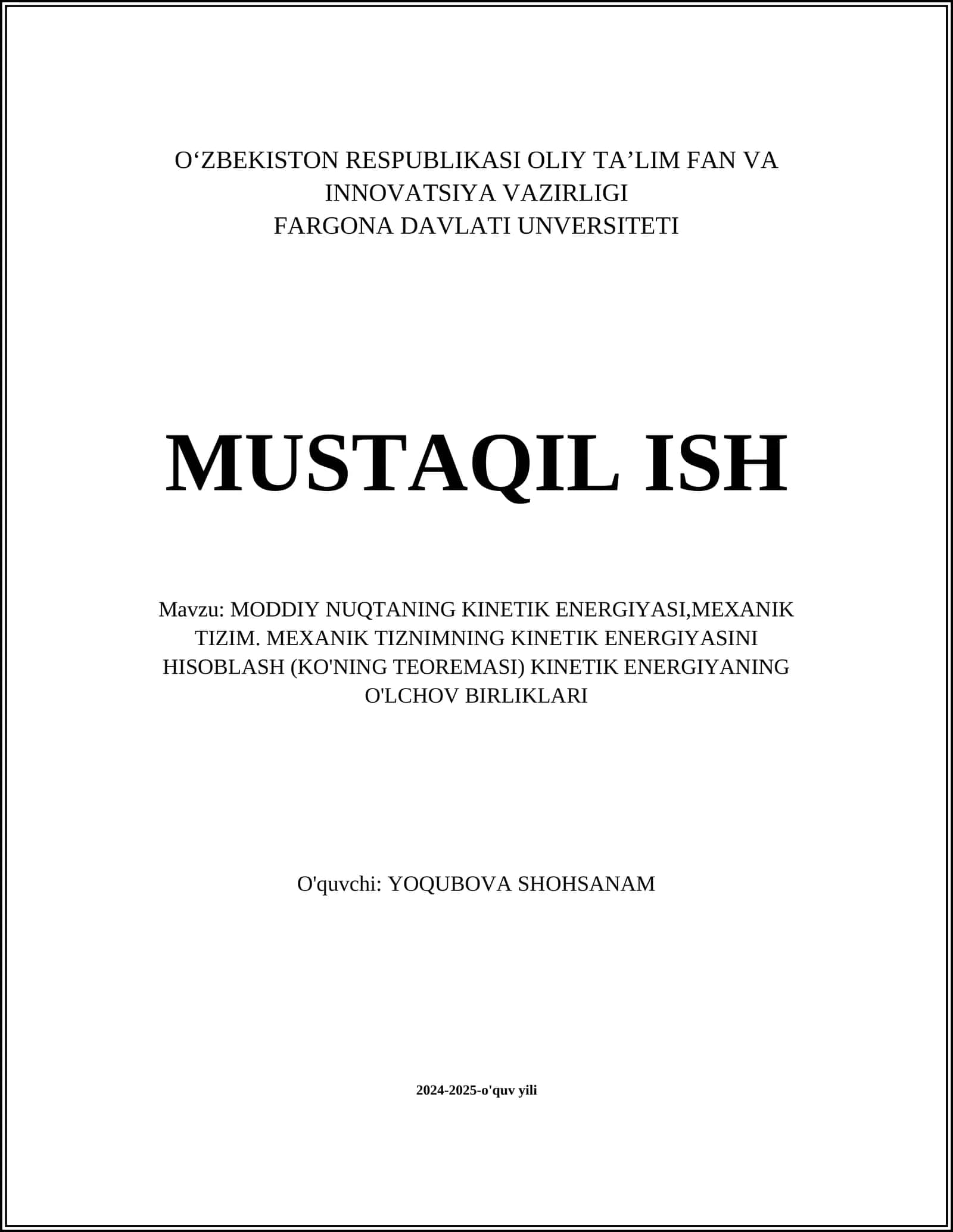 MODDIY NUQTANING KINETIK ENERGIYASI