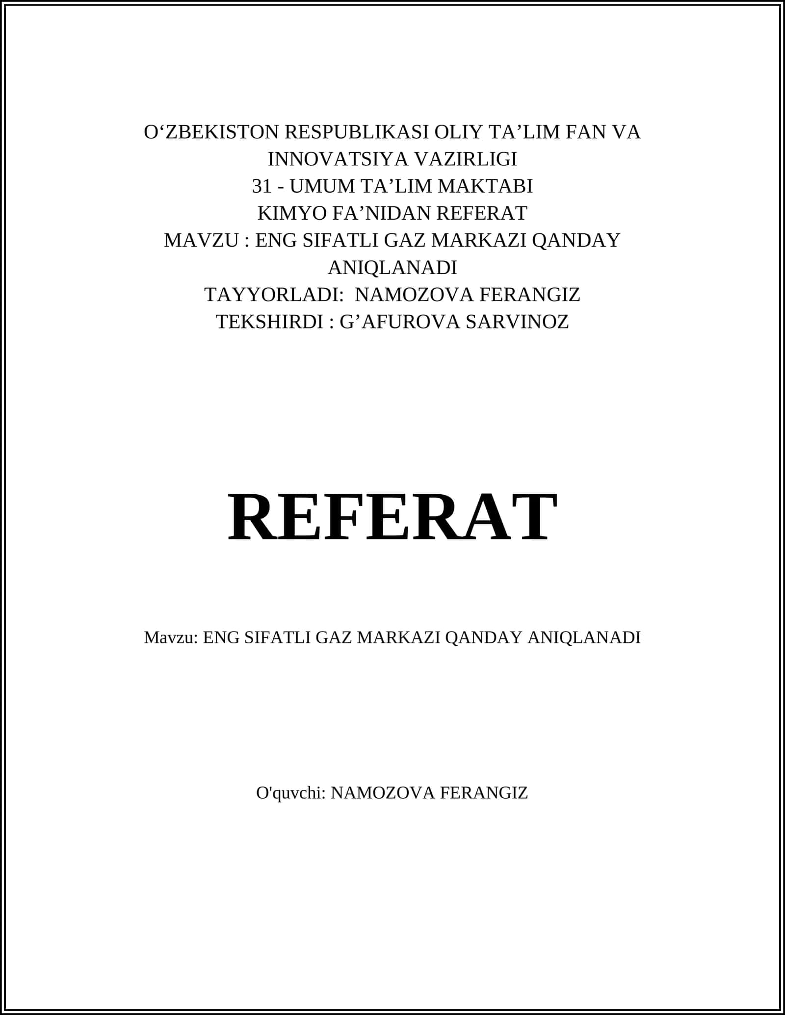 KIMYO FAʼNIDAN REFERAT