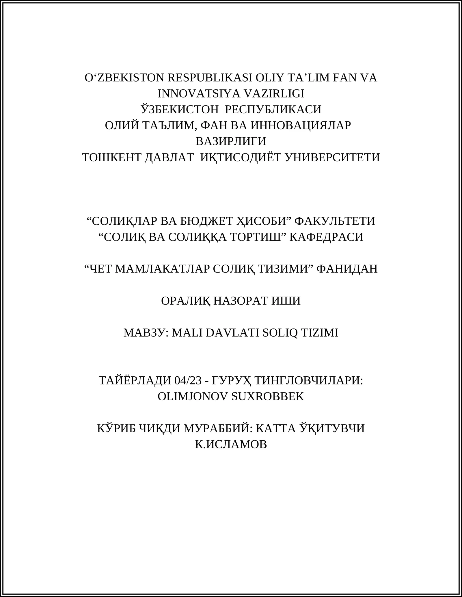 MALI DAVLATI SOLIQ TIZIMI