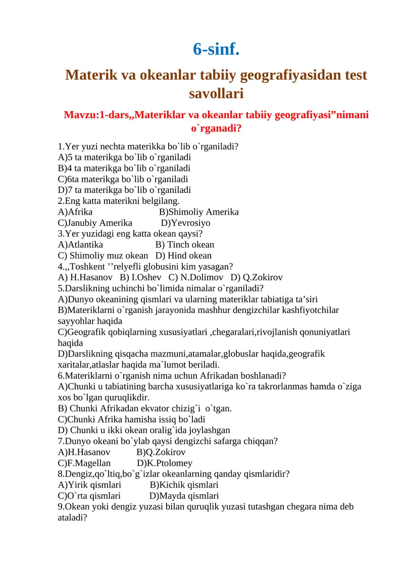 Materik va okeanlar tabiiy geografiyasidan test savollari
