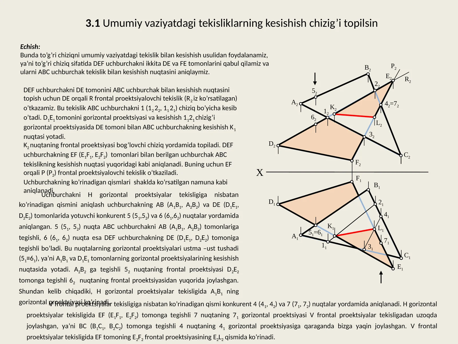 Umumiy vaziyatdagi tekisliklarning kesishish chizig'ini topish