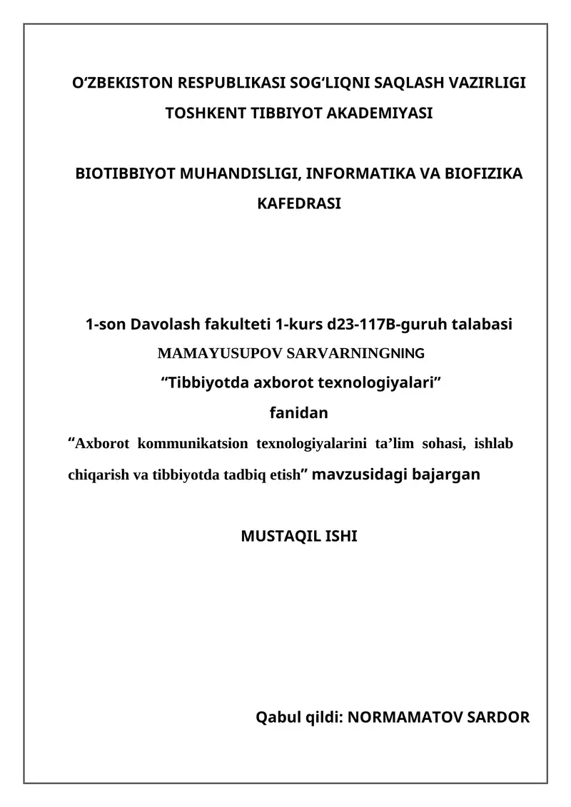 Tibbiyotda axborot texnologiyalari