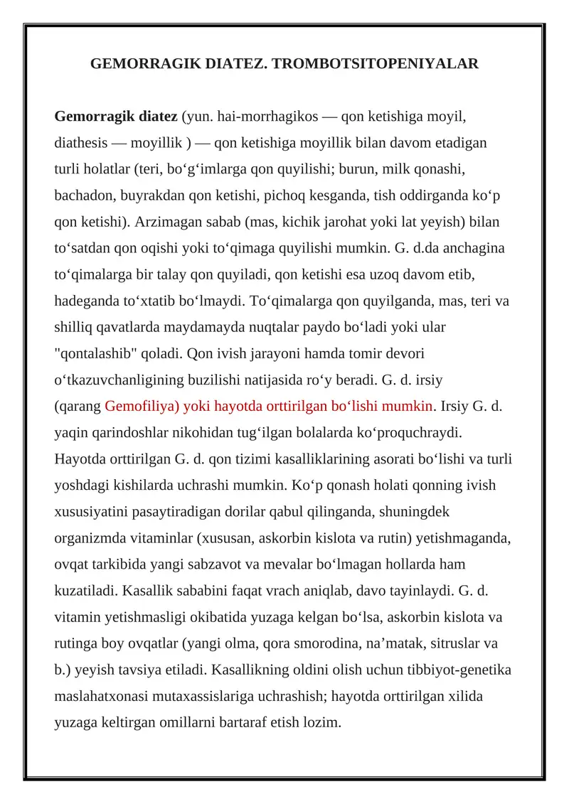 Gemorragik diatez. Trombotsitopeniyalar