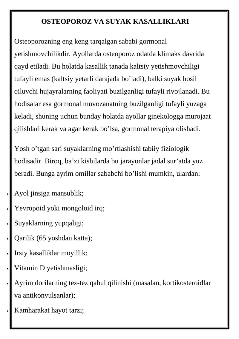 OSTEOPOROZ VA SUYAK KASALLIKLARI