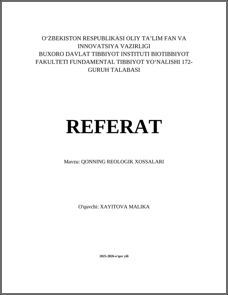 QONNING REOLOGIK XOSSALARI
